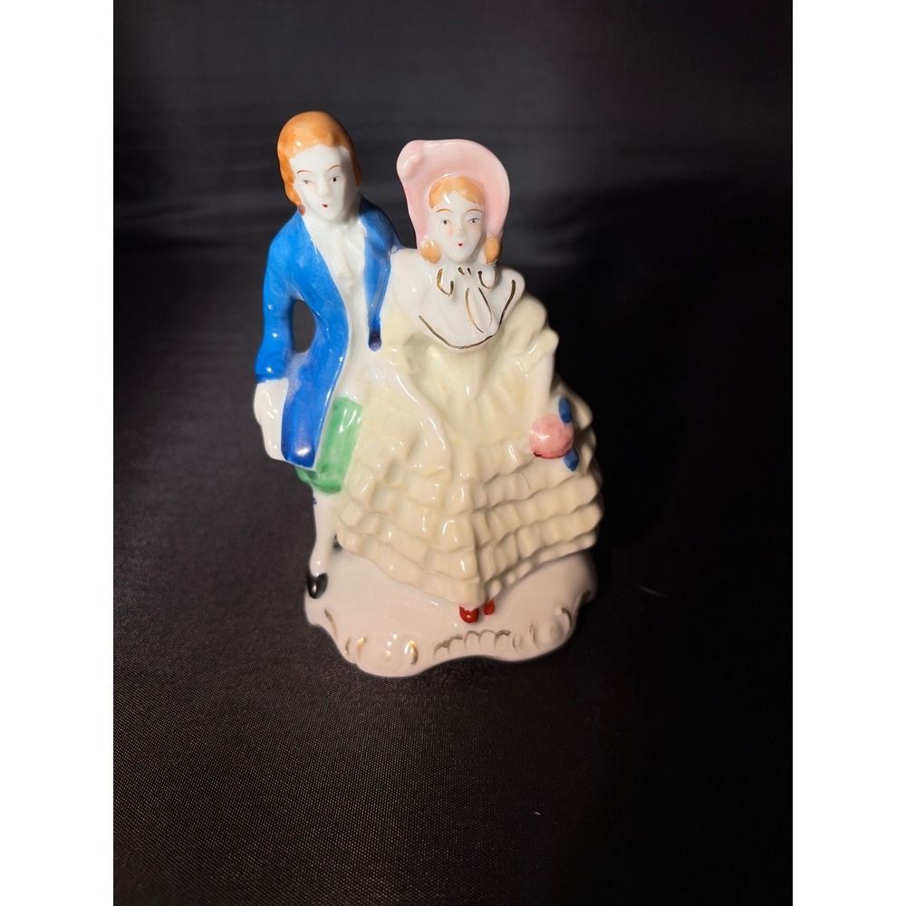 Vintage Hand Painted Porcelain Colonial Couple Figurine Made in Japan Blue Gold